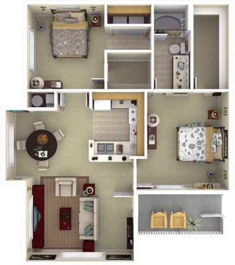 Floor plan for 2 beds, 1 bath, 993 sqft